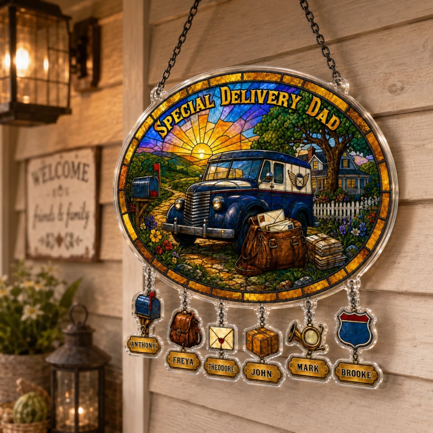 Decorative stained glass panel with a blue truck and personalized names, hanging on a wooden wall.