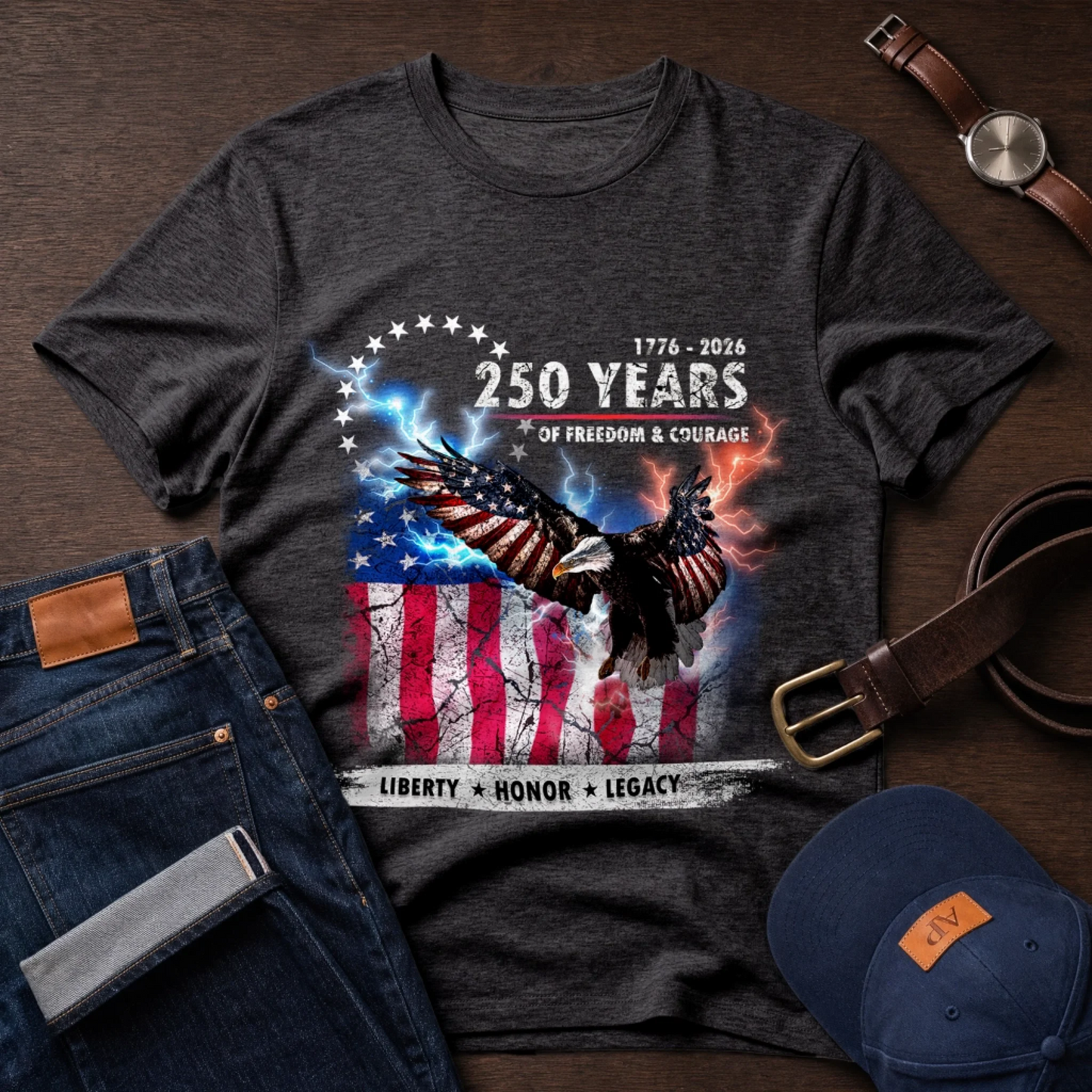 Gray t-shirt with American flag and eagle design on a wooden surface with jeans, cap, and watch.