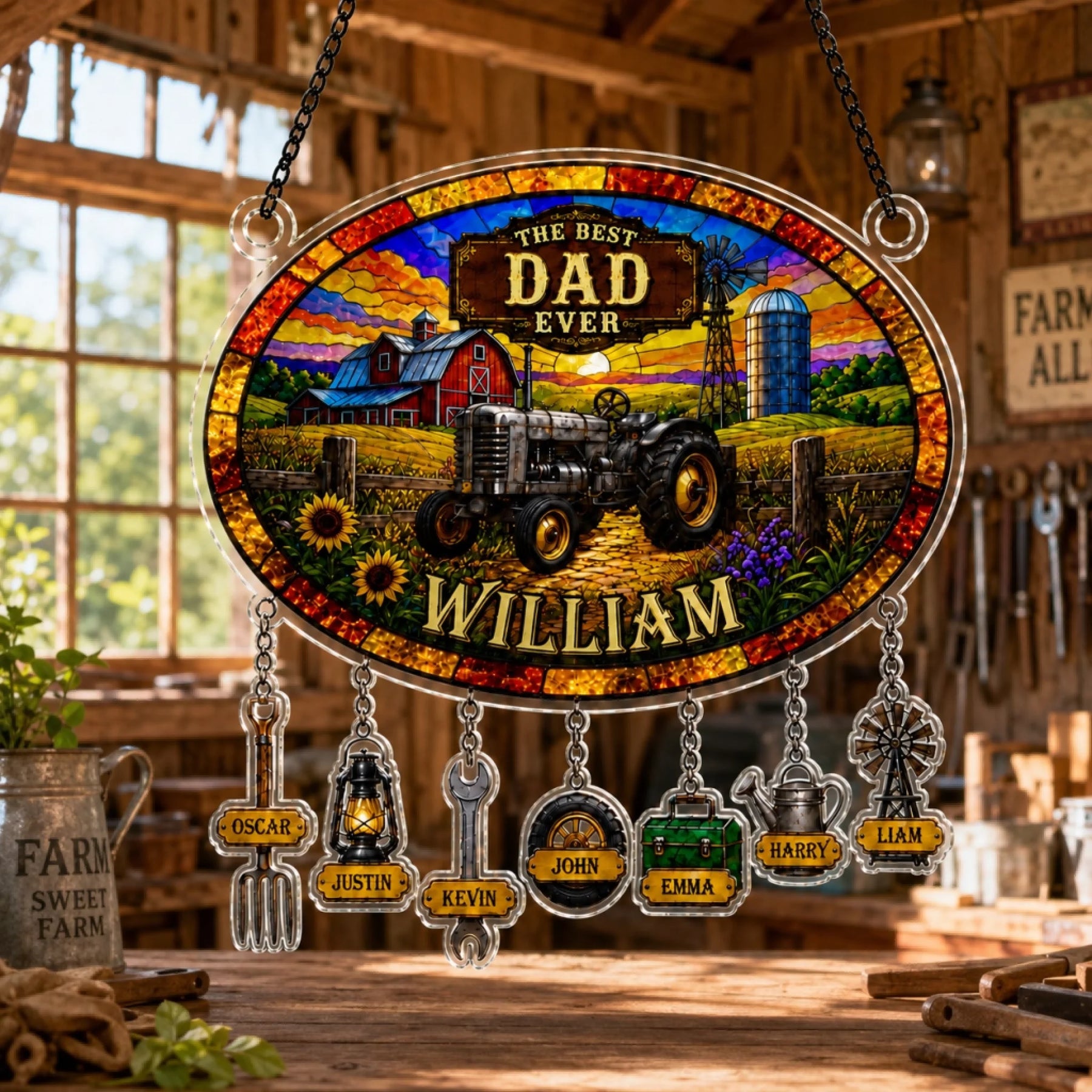 Decorative sign with a farm scene and personalized names, hanging in a rustic setting.
