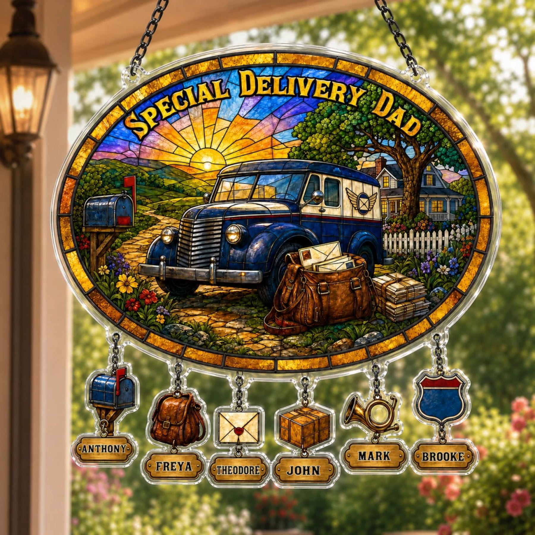 Decorative sign with a vintage truck and 'Special Delivery Dad' text, surrounded by nature.