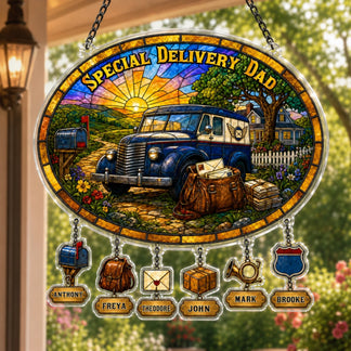 Decorative sign with a vintage truck and 'Special Delivery Dad' text, surrounded by nature.