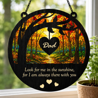 Decorative plaque with heart design and 'Dad' text, set against a forest background.