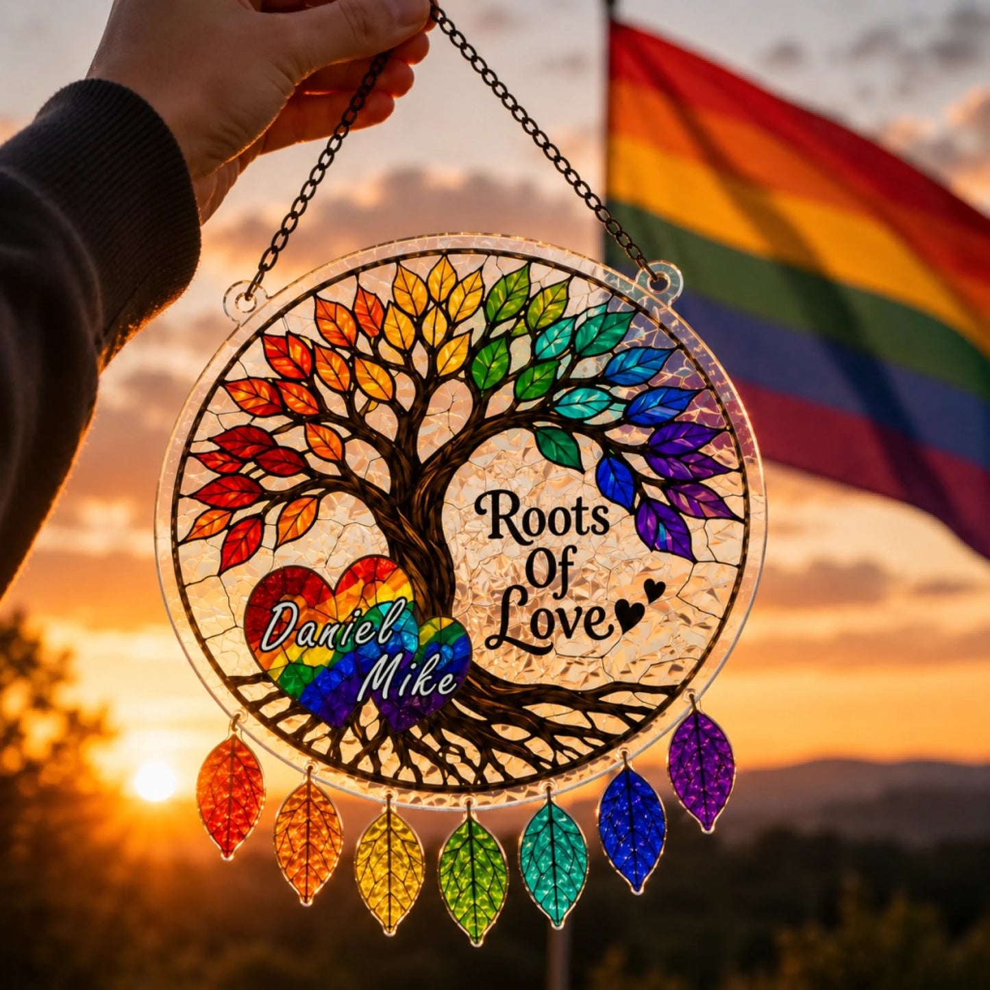 Decorative rainbow tree of life with 'Roots of Love' and names against a sunset background