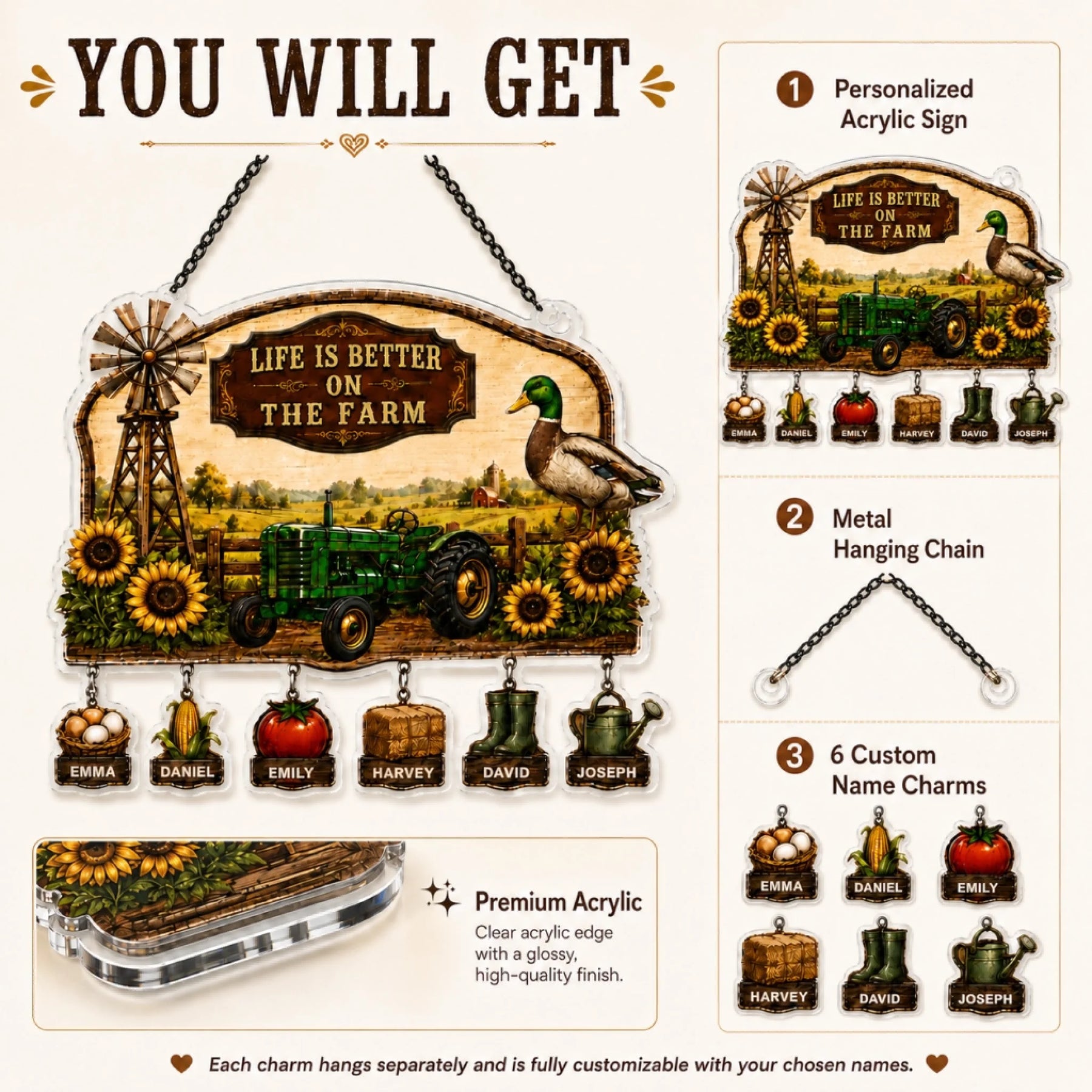 Farm-themed personalized acrylic sign with metal hanging chain and custom name charms on a white background.