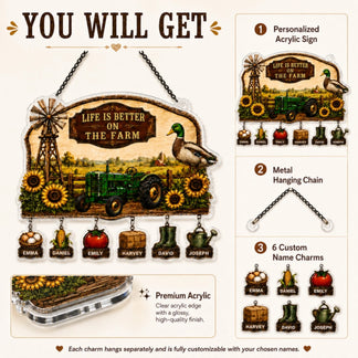 Farm-themed personalized acrylic sign with metal hanging chain and custom name charms on a white background.