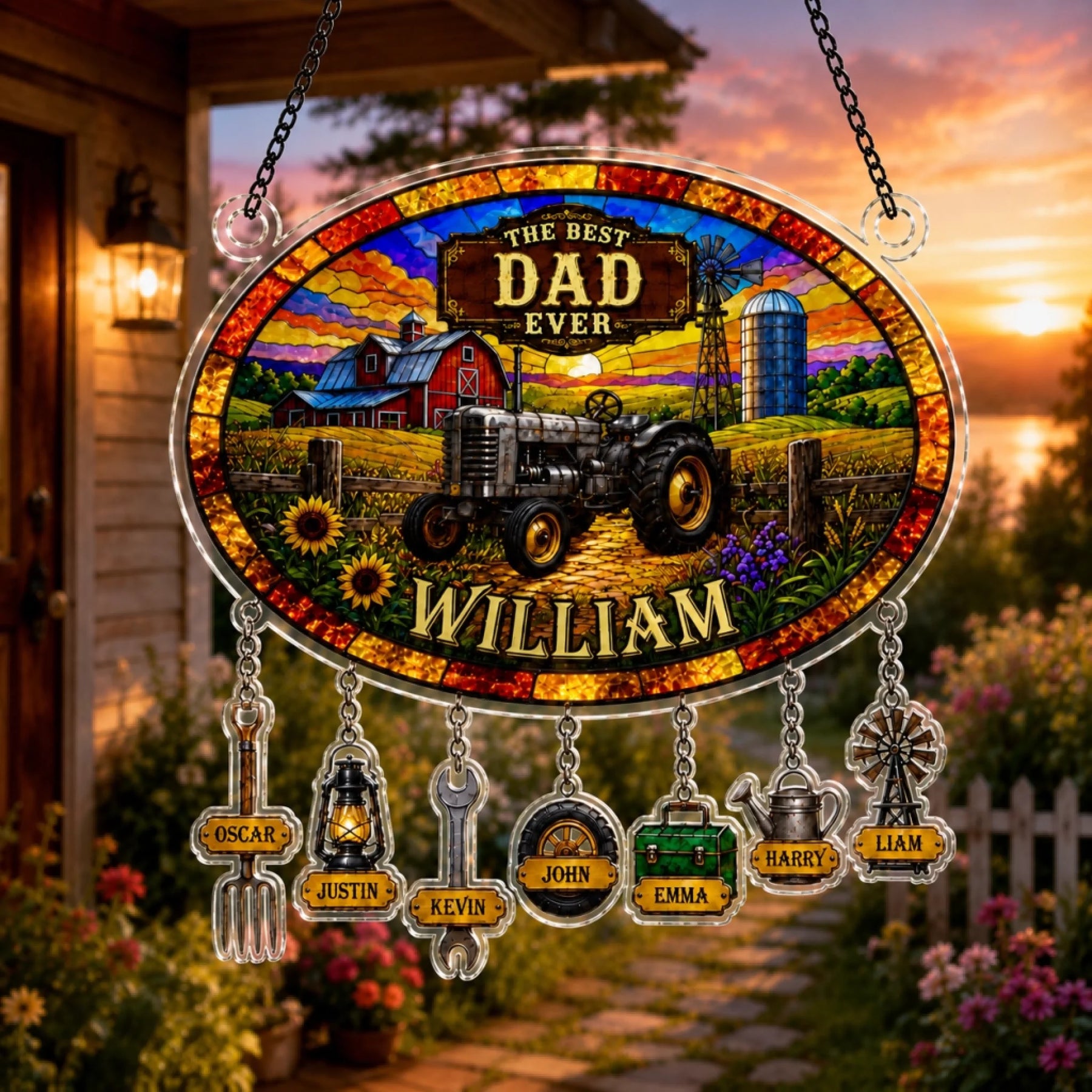 Decorative sign with tractor illustration and personalized names, set against a scenic background.