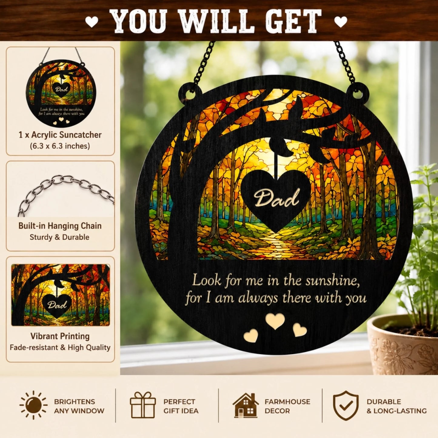 Acrylic suncatcher with 'Dad' design and scenic print, hanging on a window.