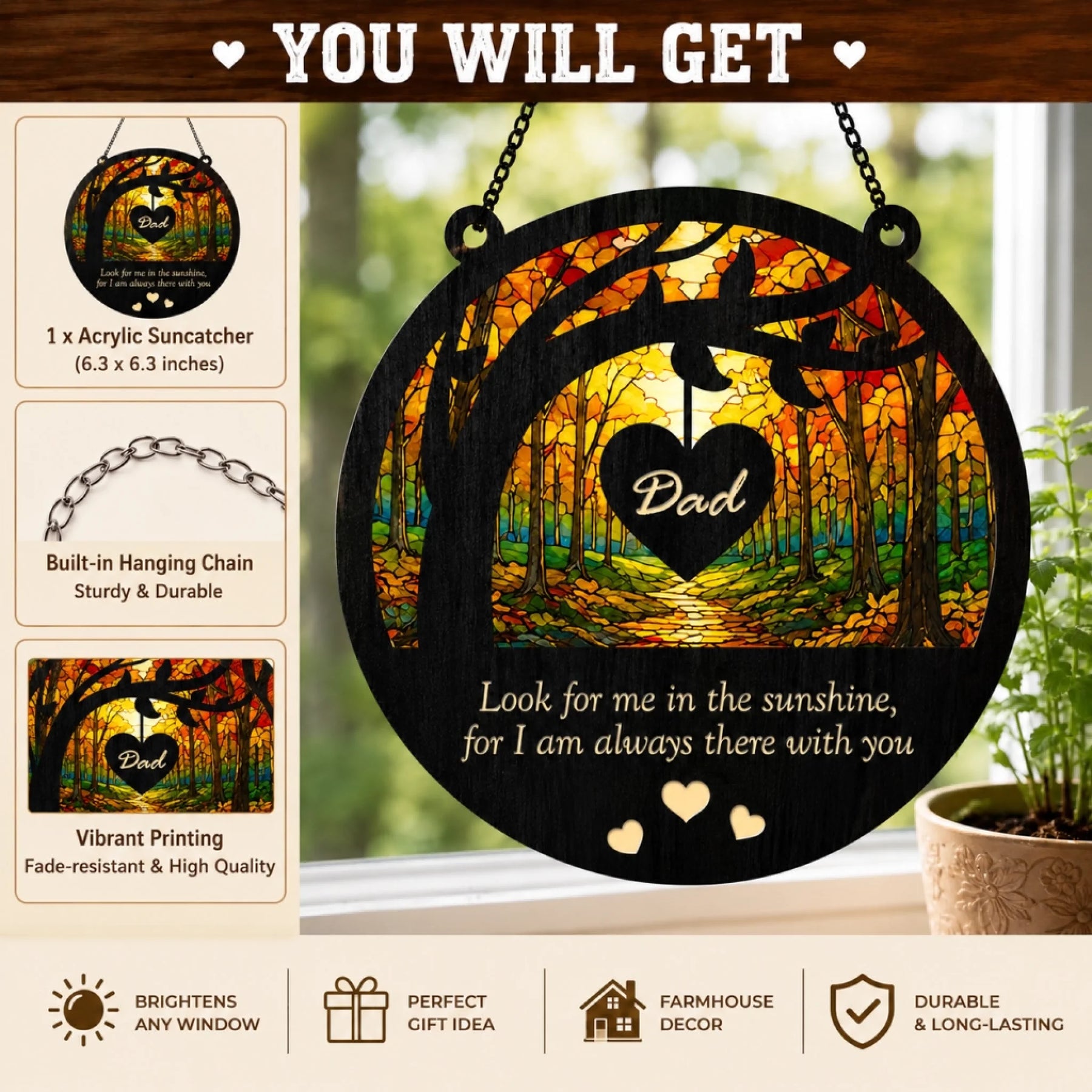 Acrylic suncatcher with 'Dad' design and scenic print, hanging on a window.