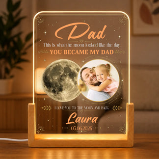Personalized lamp with photo of a father and child, moon image, and text message.