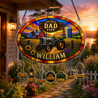 Decorative sign with tractor and 'The Best Dad Ever' text, set against a sunset farm background.