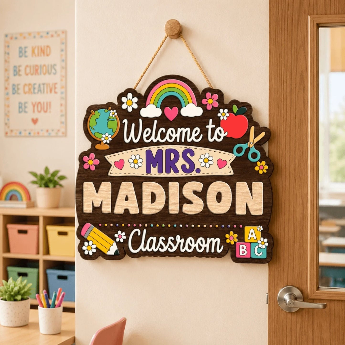 A colorful "Welcome to MRS. MADISON Classroom" wooden sign hangs on a classroom wall, with shelves and a window in the background.