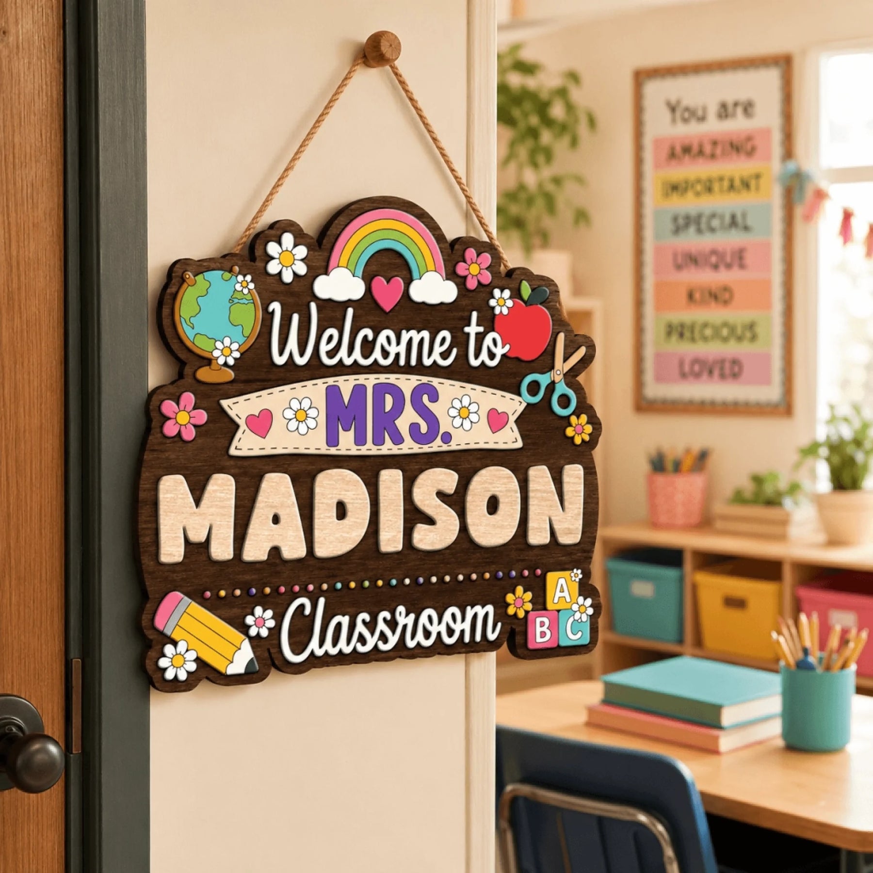 A decorative wooden sign with "Welcome to MRS. MADISON Classroom" text, hanging on a door in a classroom setting with a poster in the background.