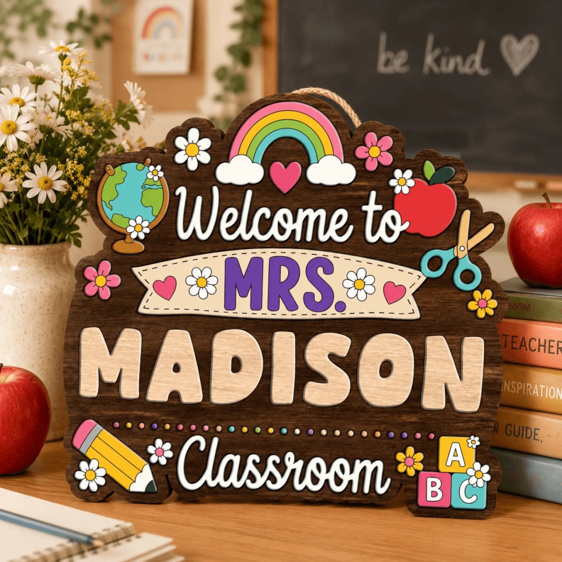 A "Welcome to MRS. MADISON Classroom" wooden sign rests on a desk next to white flowers, red apples, and stacked books.