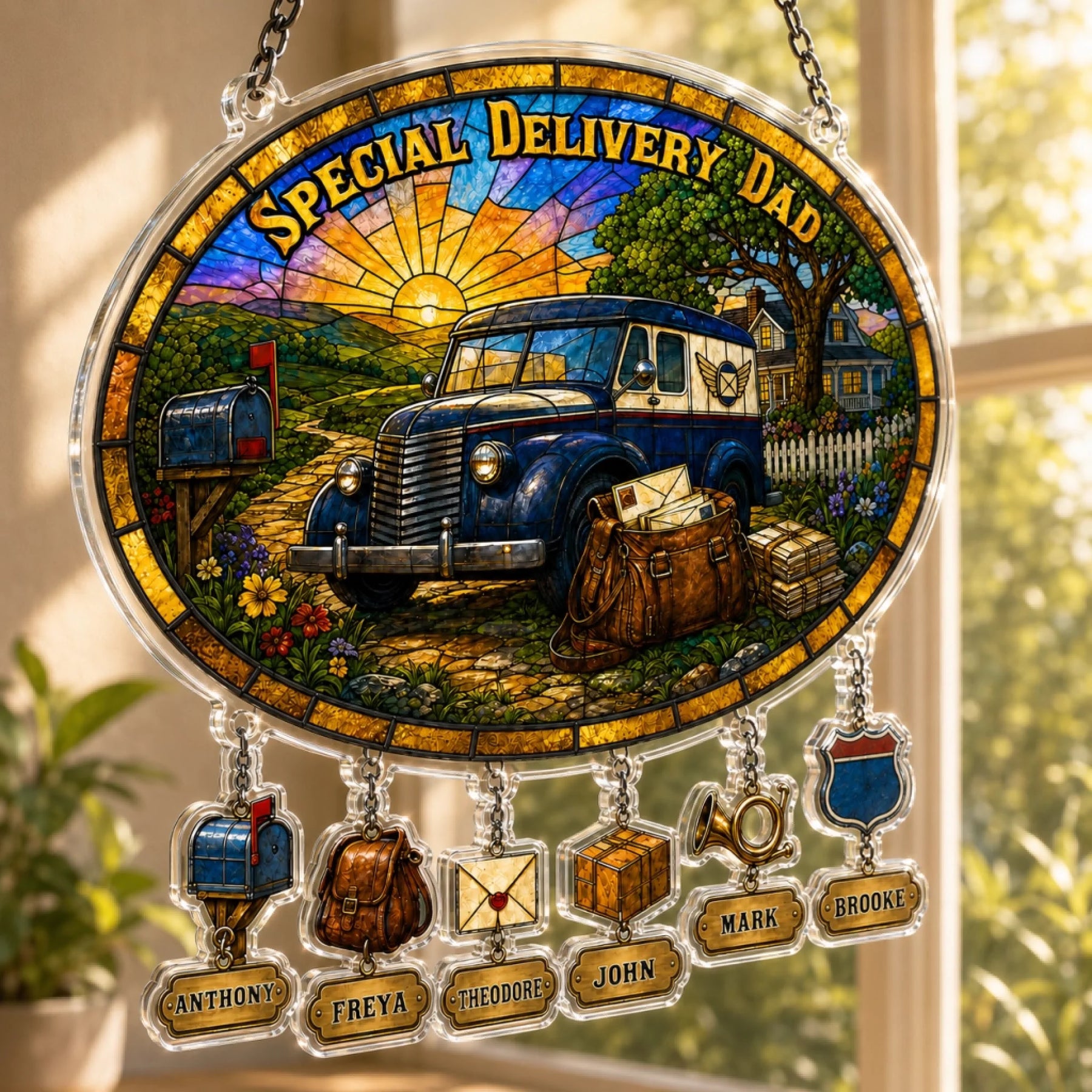Decorative plaque with a vintage delivery truck and personalized names, set against a stained glass-style background.