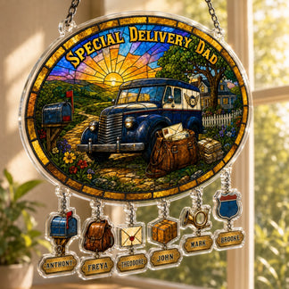 Decorative plaque with a vintage delivery truck and personalized names, set against a stained glass-style background.