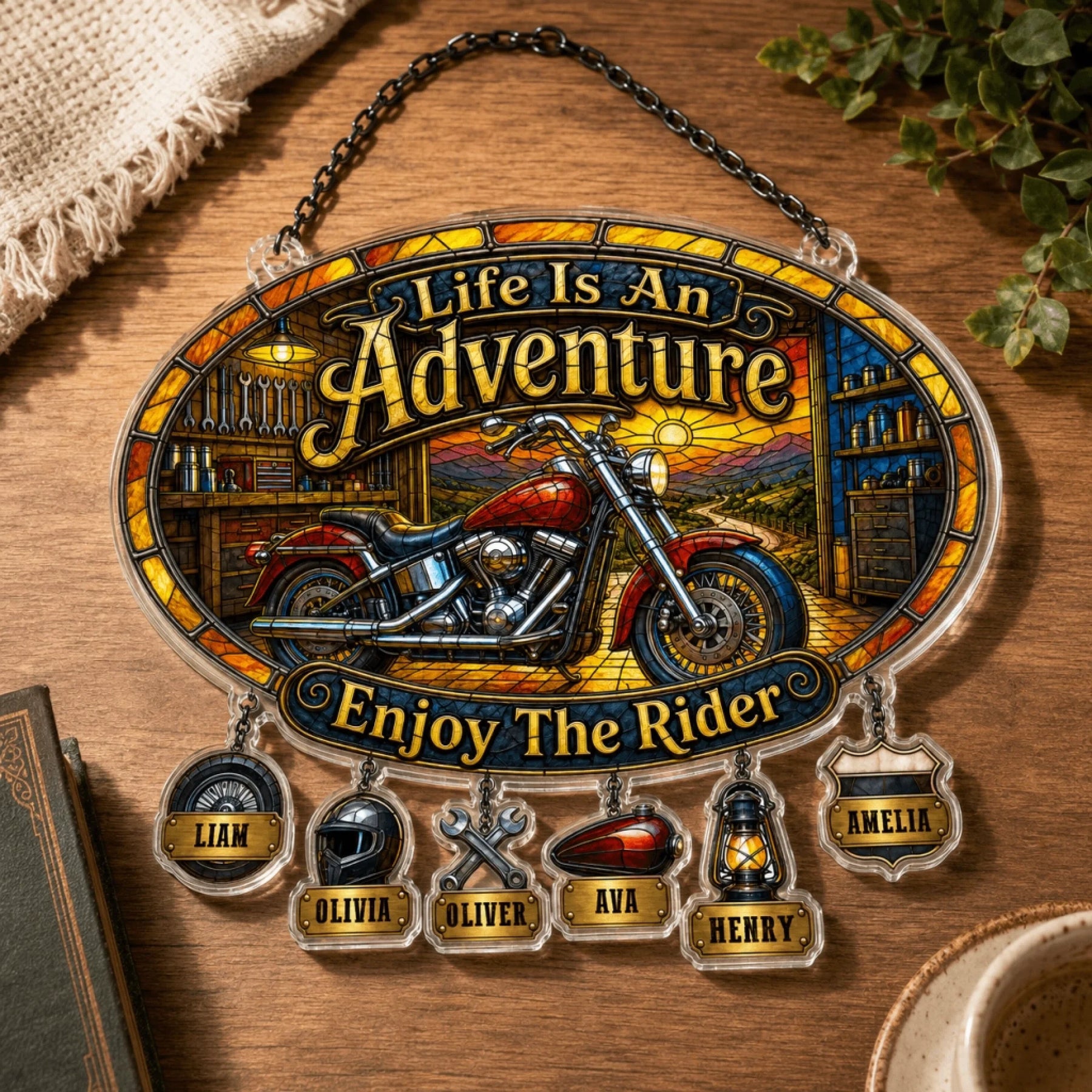 Vintage motorcycle stained glass style acrylic suncatcher hanging decor