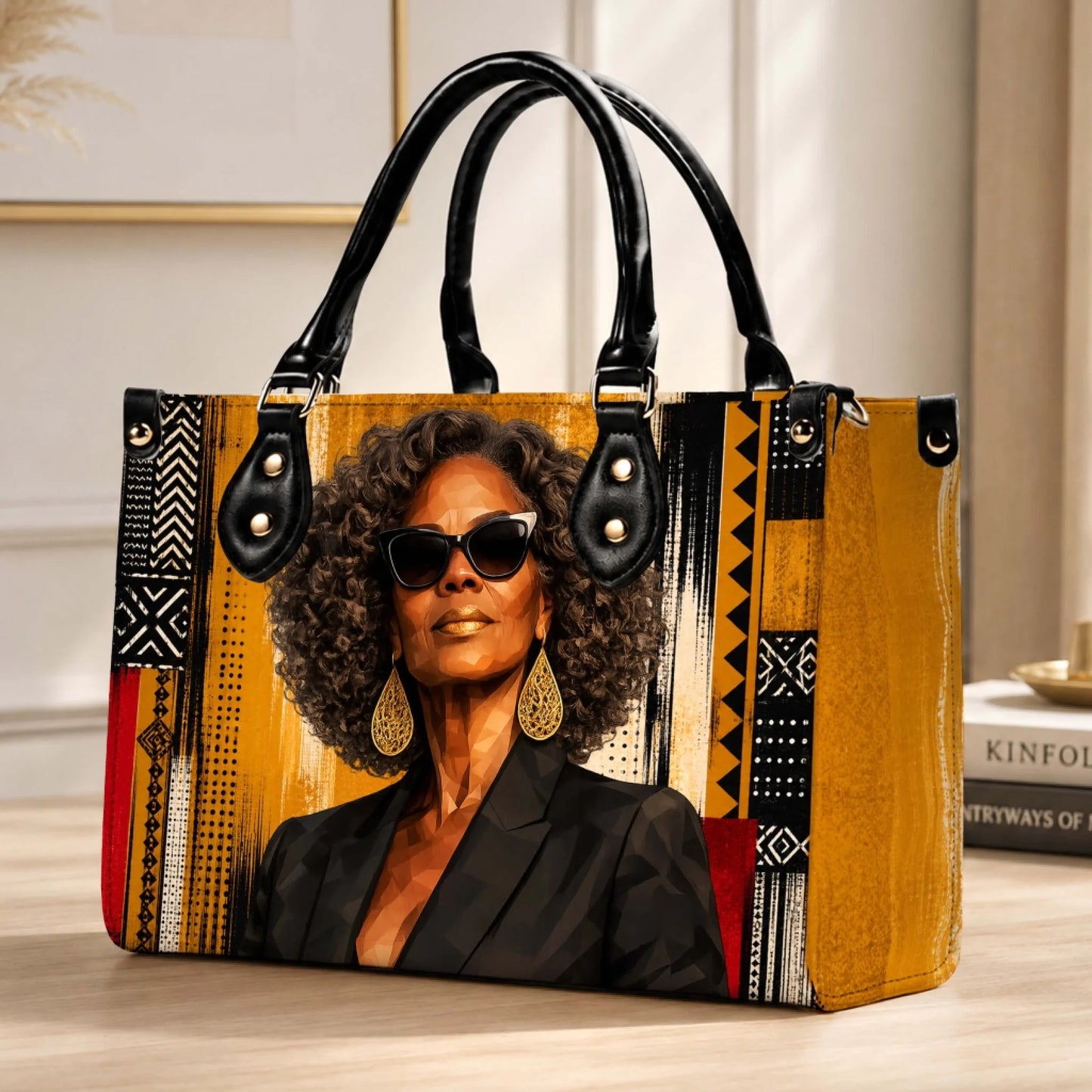 Chic handbag featuring an african american woman in sunglasses and a black blazer with cultural art prints.
