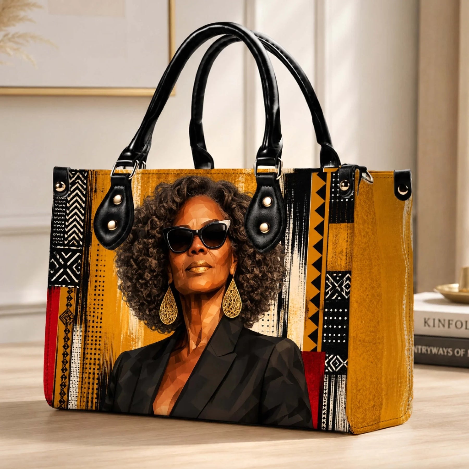 Chic handbag featuring an african american woman in sunglasses and a black blazer with cultural art prints.