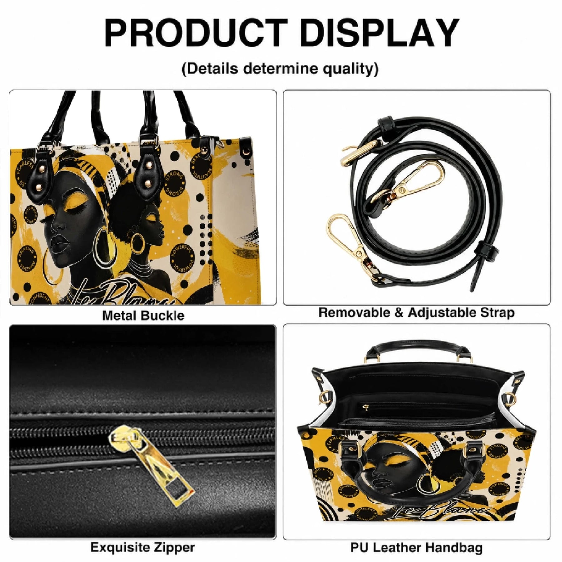 Fashionable PU leather handbag featuring empowering African American woman art and gold accent details for a bold look.