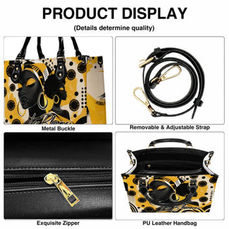 Fashionable PU leather handbag featuring empowering African American woman art and gold accent details for a bold look.