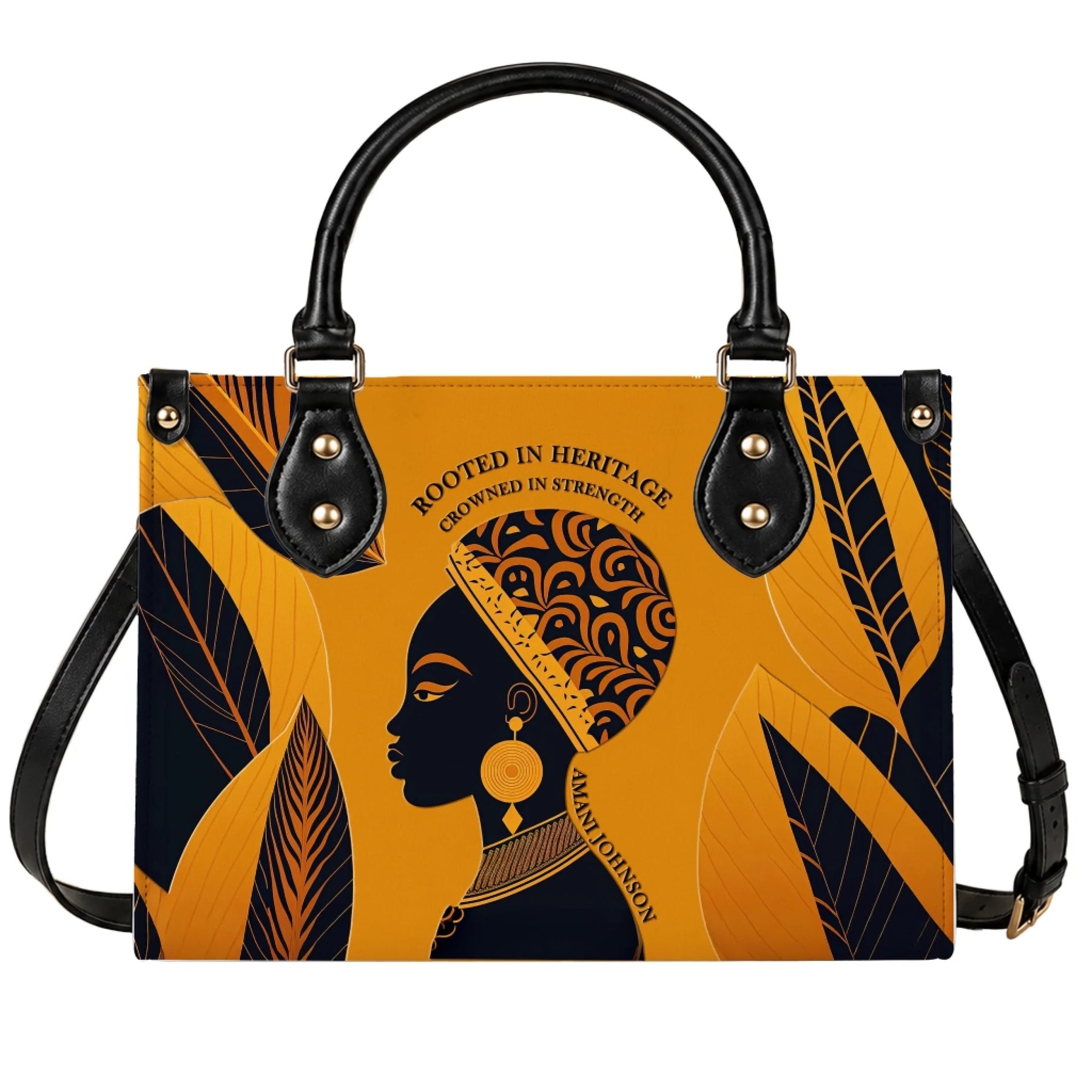 Fashionable tote bag featuring a black woman profile with gold leaf accents and the quote Rooted in Heritage