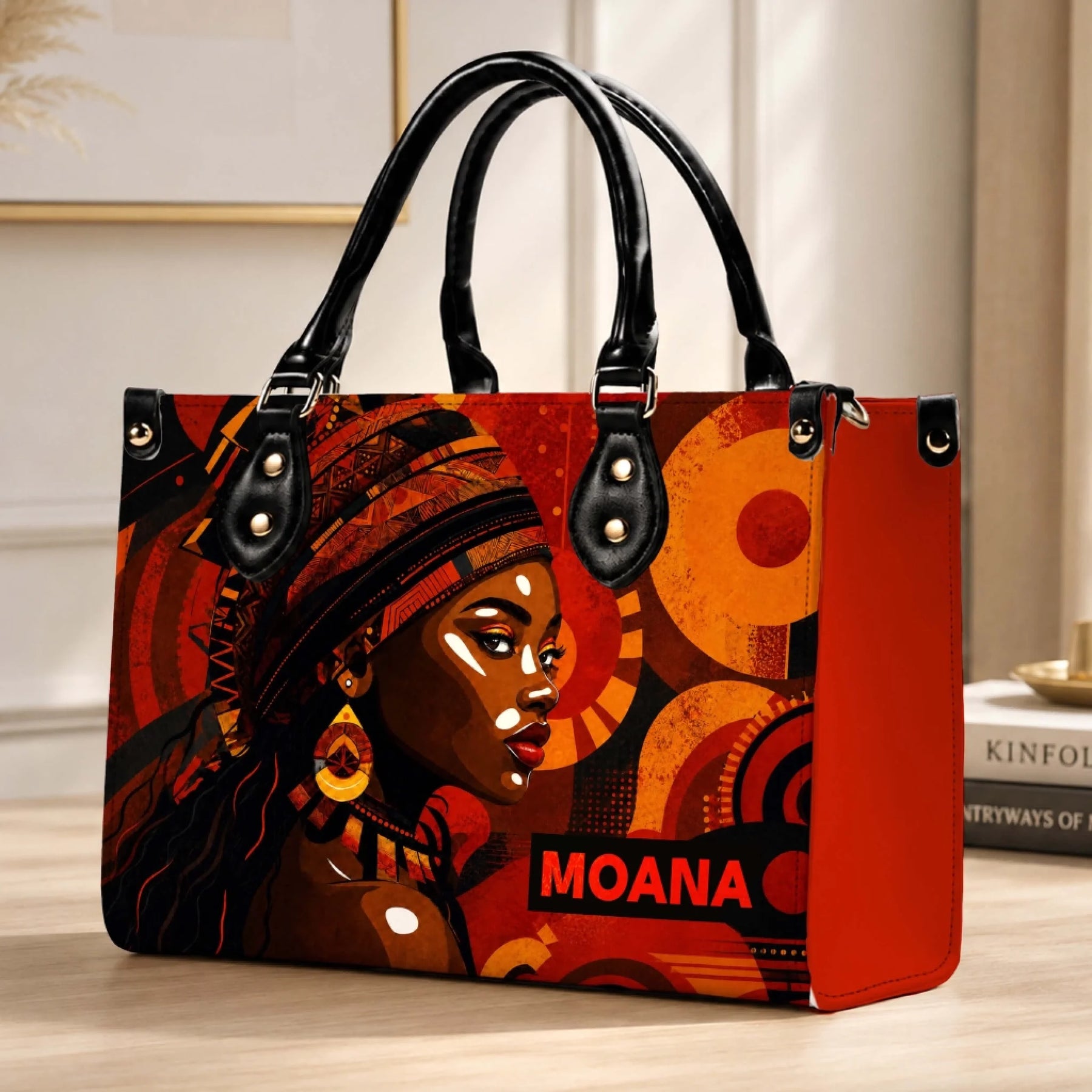 Elegant PU leather handbag with an African woman art design resting on a wooden table, ideal as a unique gift.