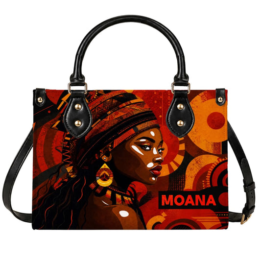 Stylish PU leather handbag featuring a vibrant portrait of an African woman in tribal attire, perfect for bold fashion.