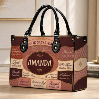 A custom leather tote handbag featuring the name Amanda and inspirational Bible verses, perfect as a thoughtful faith gift.