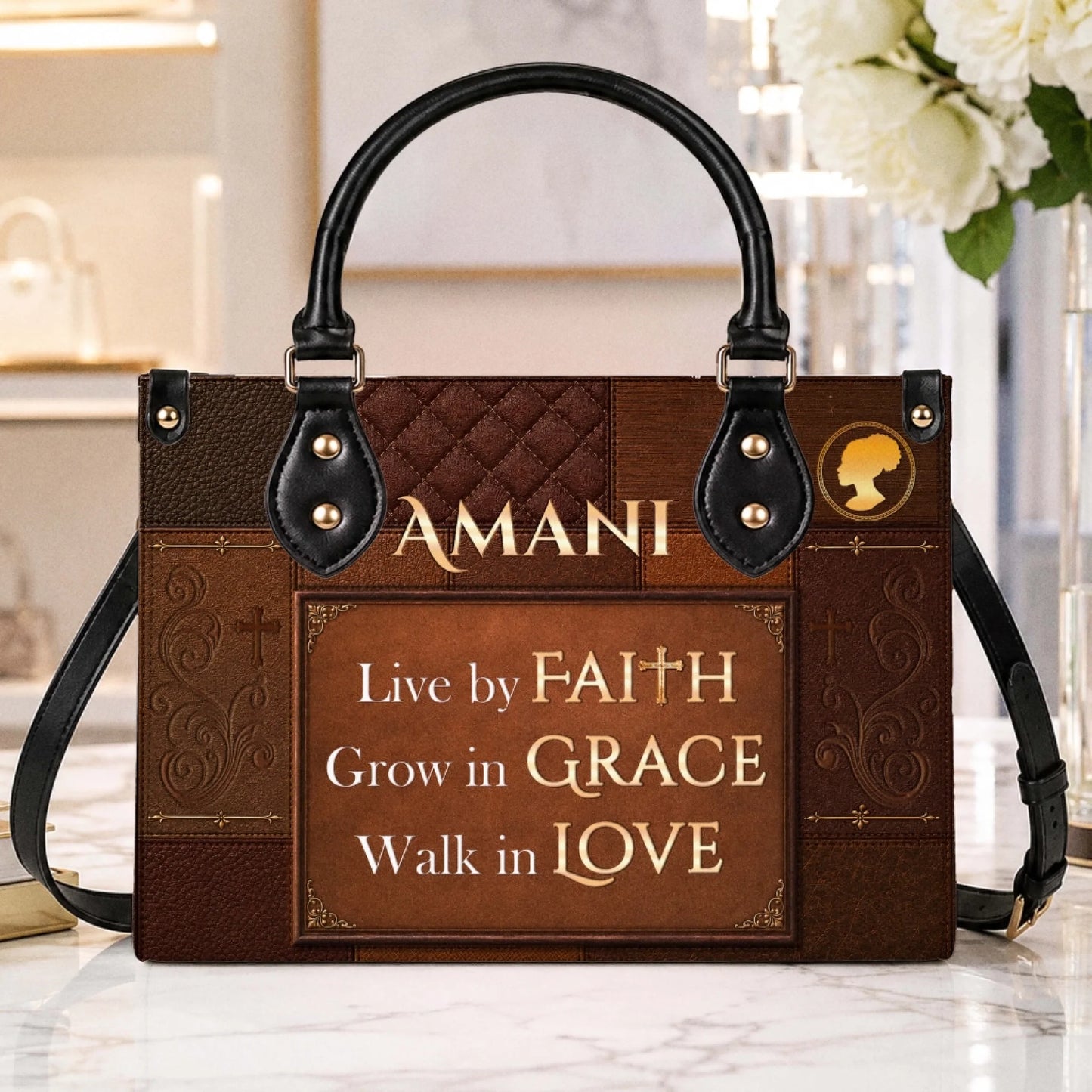 Elegant brown leather tote bag featuring the name Amani and Live by Faith Grow in Grace Walk in Love typography.