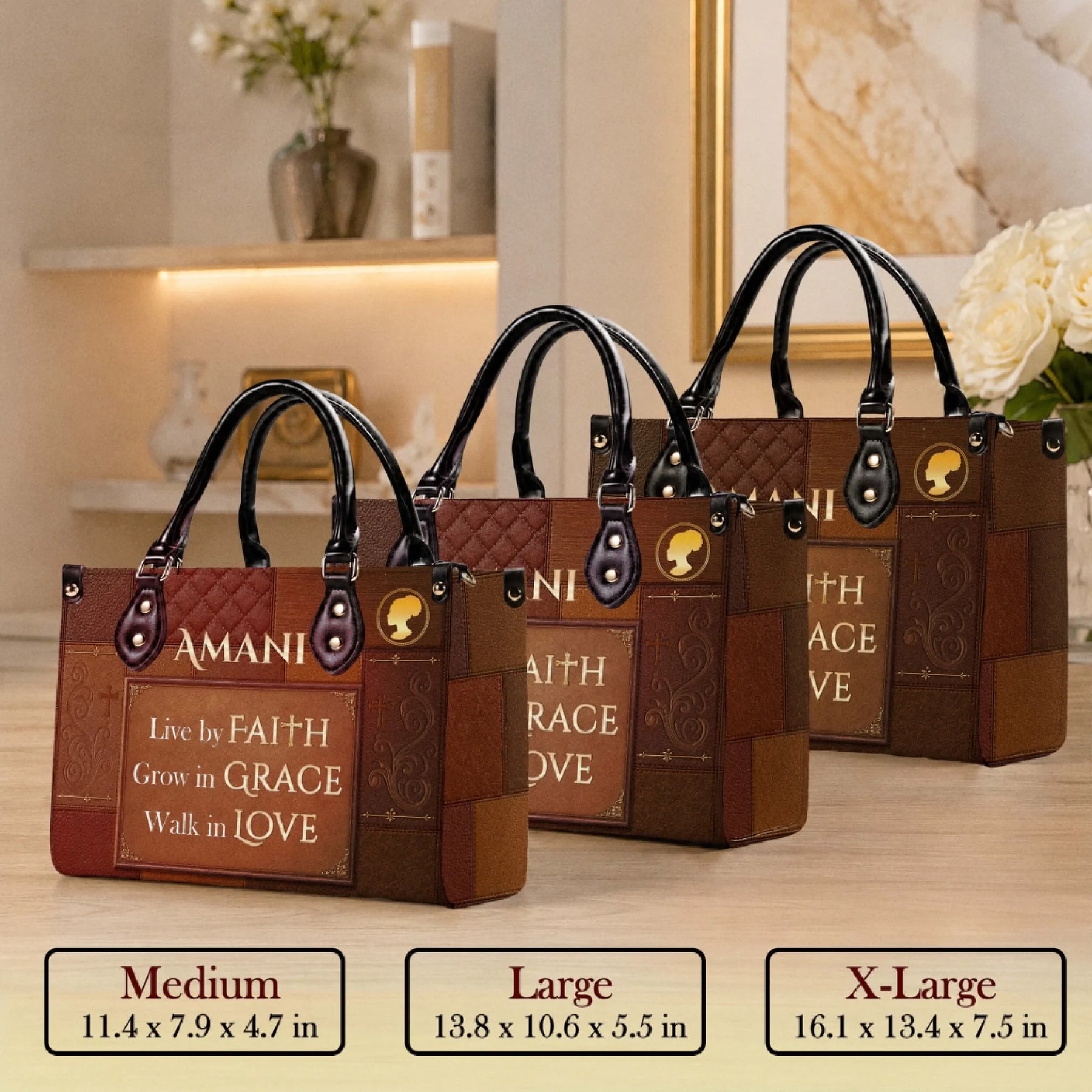 Three sizes of brown inspirational tote bags labeled Amani with faith-themed quotes and detailed leather textures.