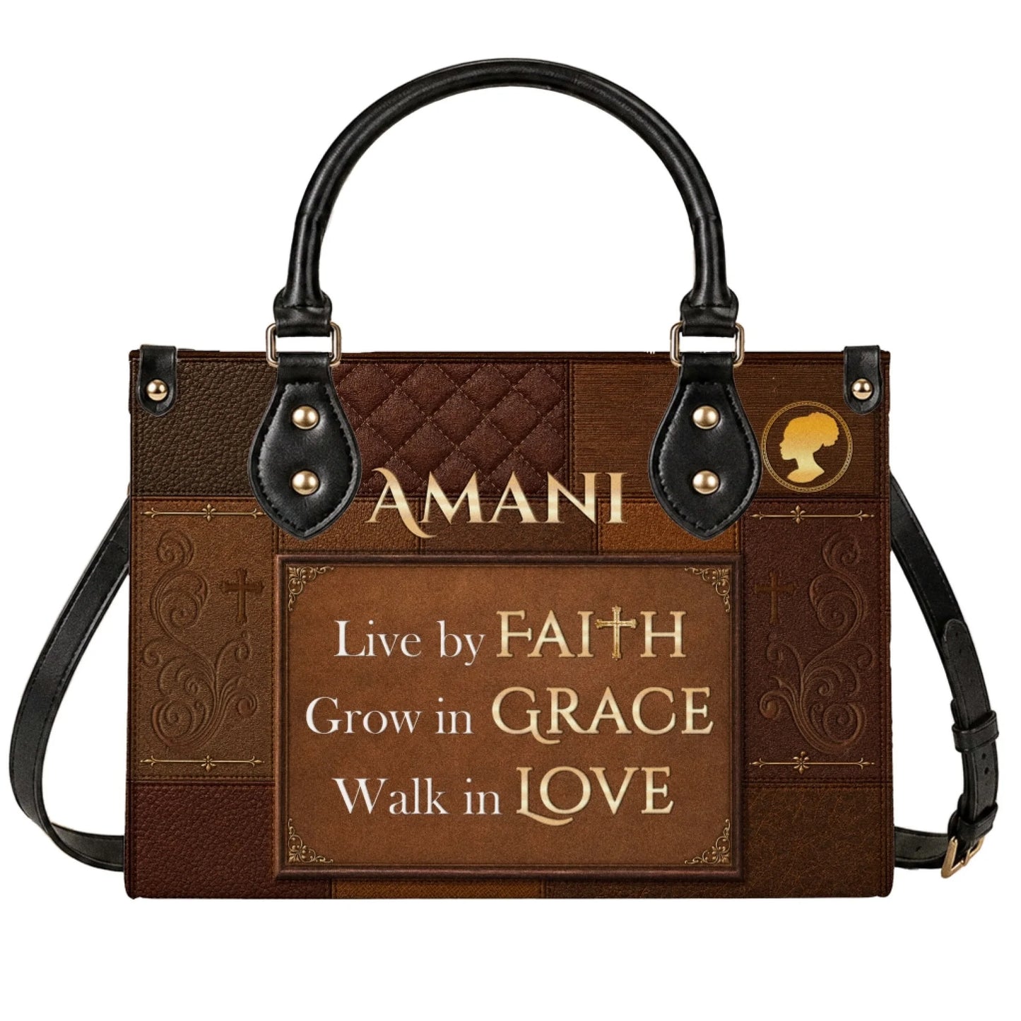 Brown personalized tote bag featuring Live by Faith Grow in Grace Walk in Love inspirational quote and silhouette.