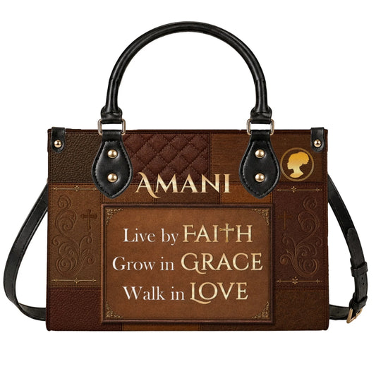 Brown personalized tote bag featuring Live by Faith Grow in Grace Walk in Love inspirational quote and silhouette.