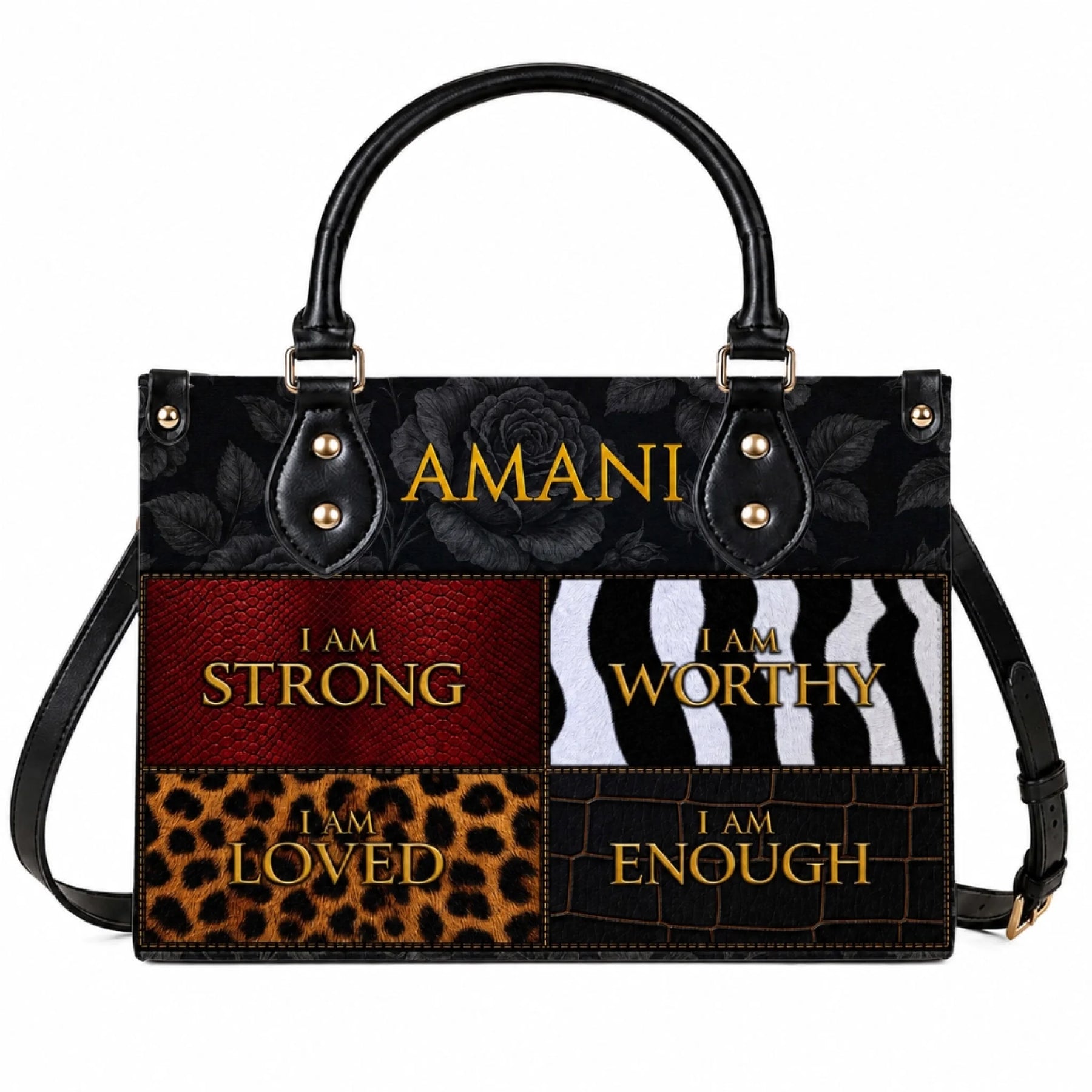 Amani personalized handbag featuring inspirational quotes I am strong worthy loved enough on a chic animal print background.