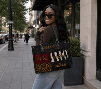 A personalized Amani tote bag featuring motivational quotes like I am strong and I am worthy in a stylish patchwork design.