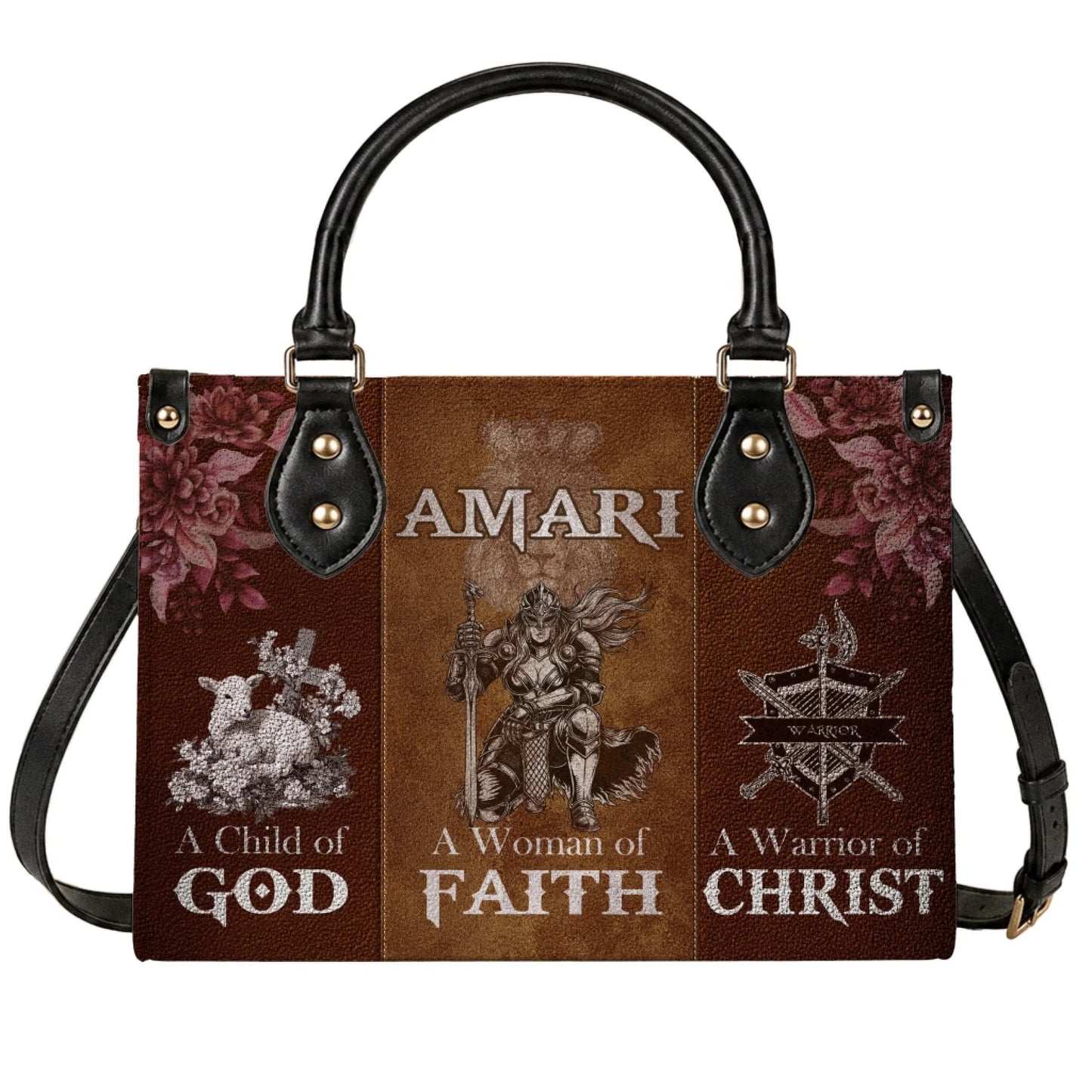 Personalized leather handbag featuring Amari name with a woman warrior theme and religious inspirational quote for Christian women.
