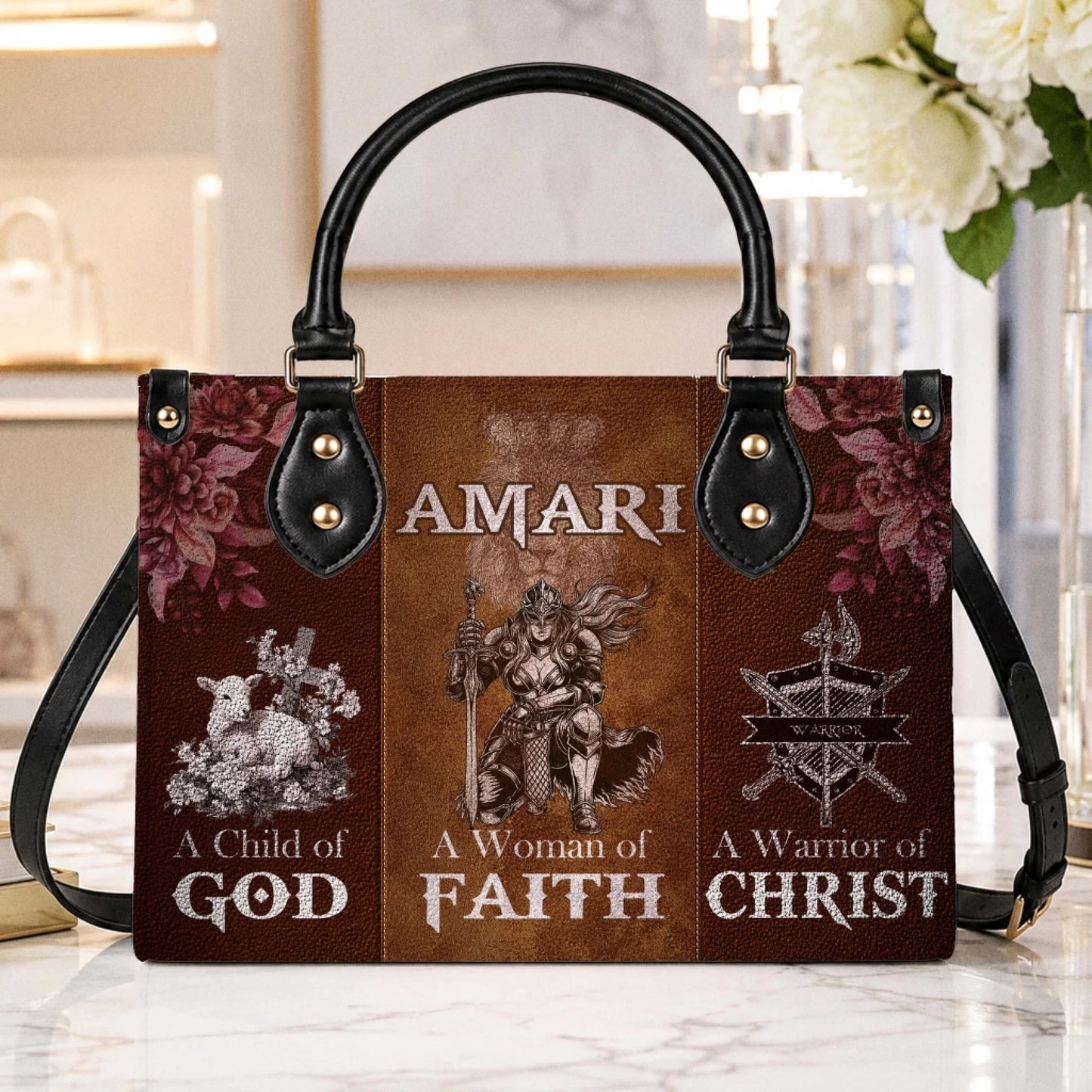 Custom Amari leather tote bag featuring a female knight design and Christian faith affirmations in a stylish handbag format.