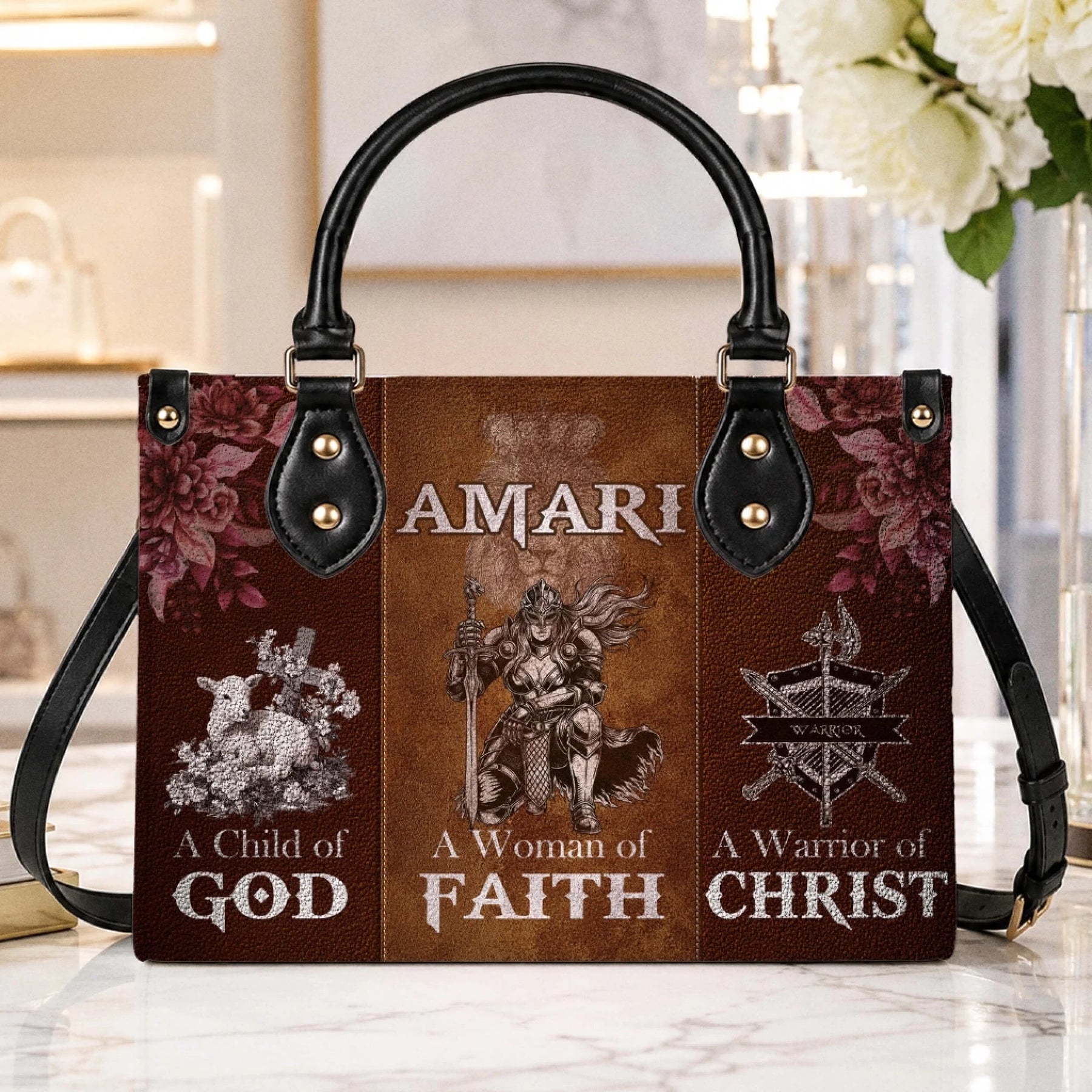 Custom Amari leather tote bag featuring a female knight design and Christian faith affirmations in a stylish handbag format.