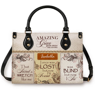 Personalized Isabella Amazing Grace leather handbag with inspirational religious quotes and decorative floral art.