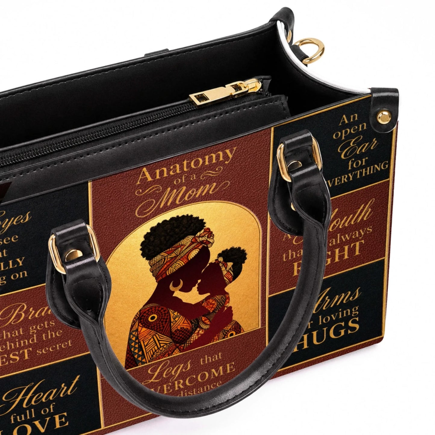 Personalized handbag featuring an Anatomy of a Mom design with an African American mother and child illustration.