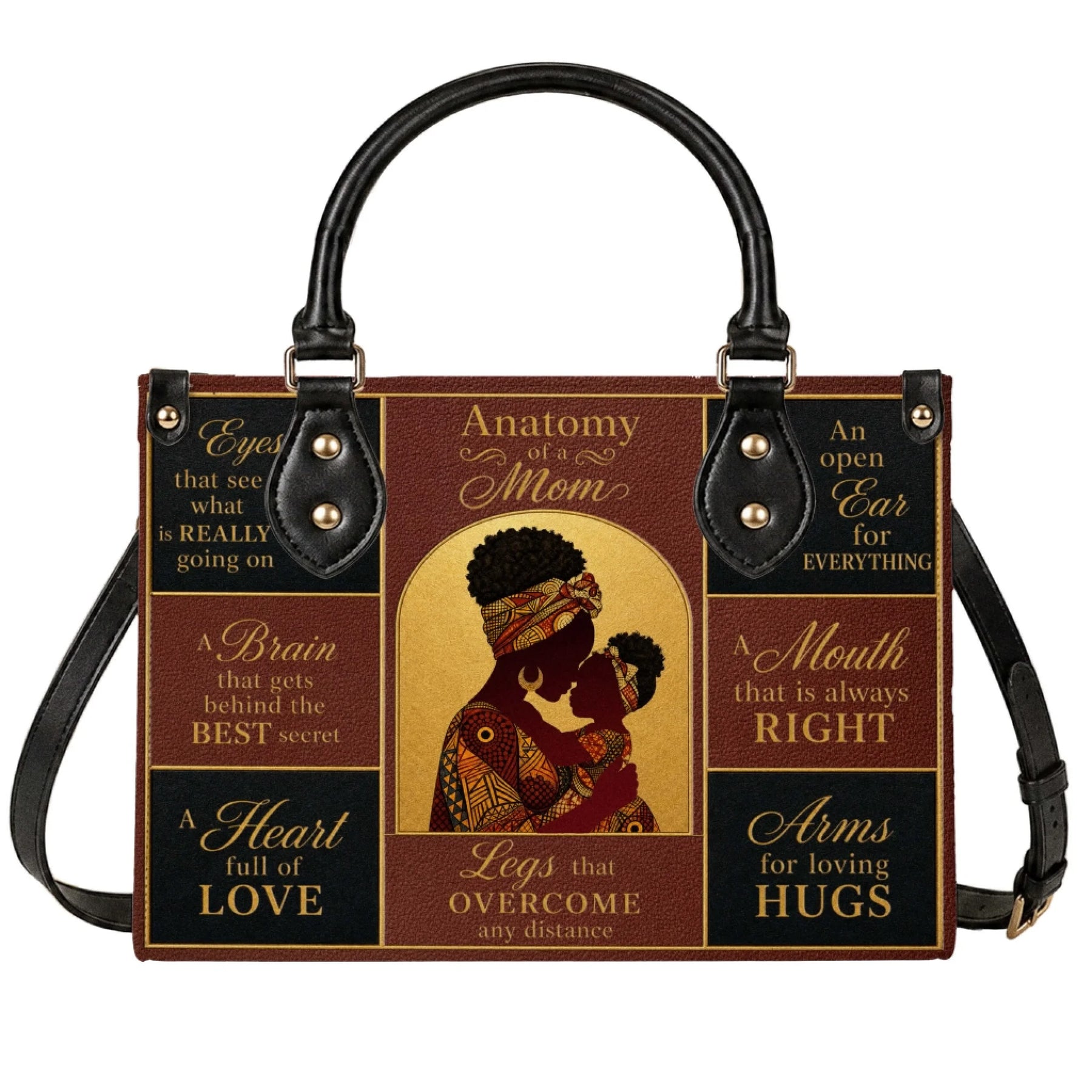 Anatomy of a Mom shoulder bag featuring an artistic illustration of an African American mother and child illustration.