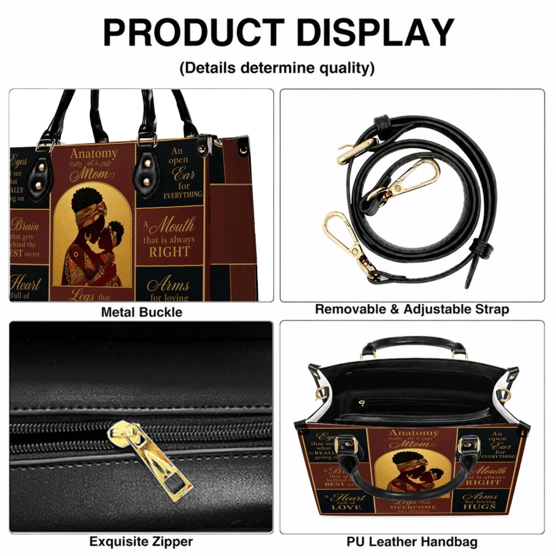 Anatomy of a Mom tote bag featuring an African American mother and daughter with inspirational quotes for Mother's Day.