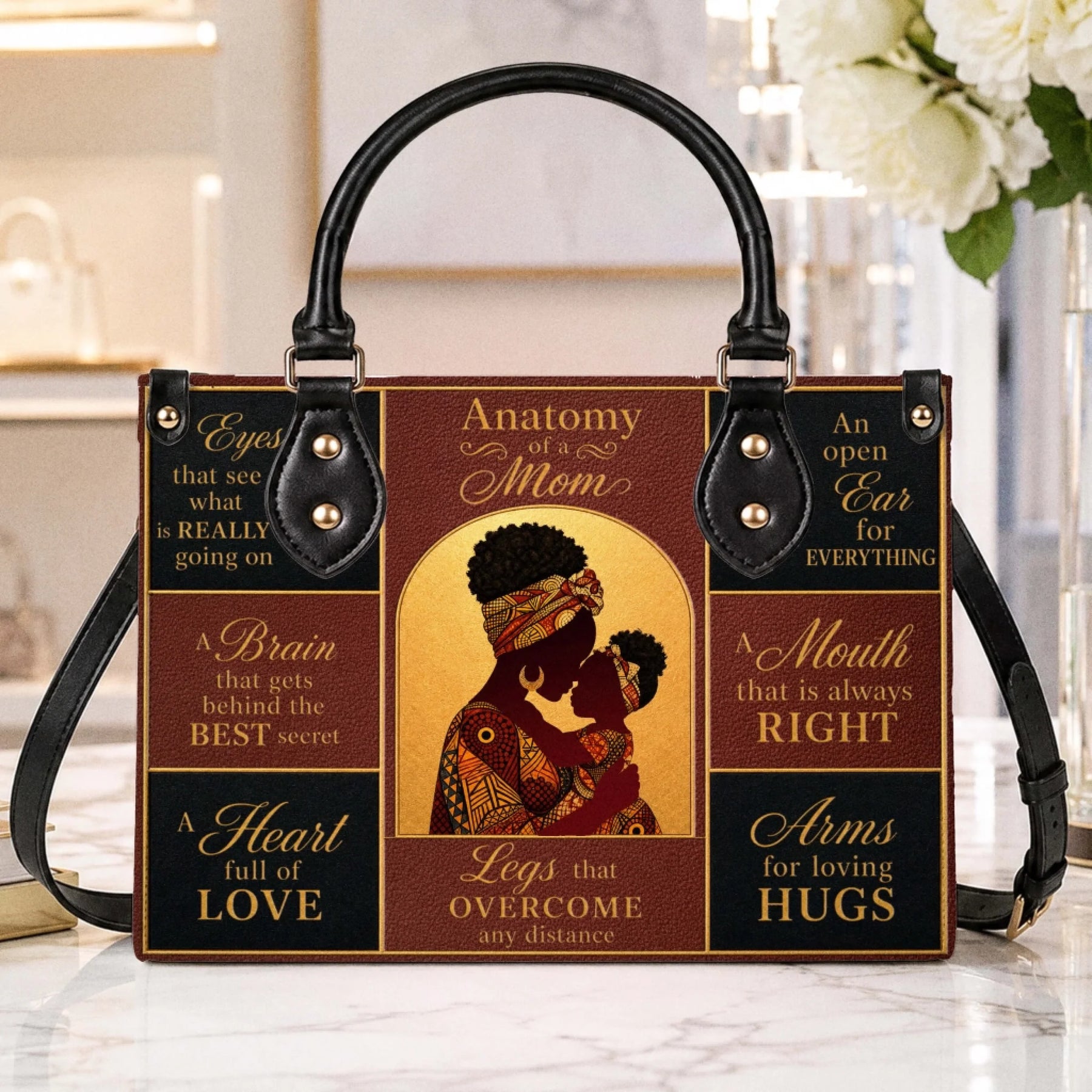 Stylish Anatomy of a Mom handbag with African American mother artwork perfect for a thoughtful Mother Day gift.