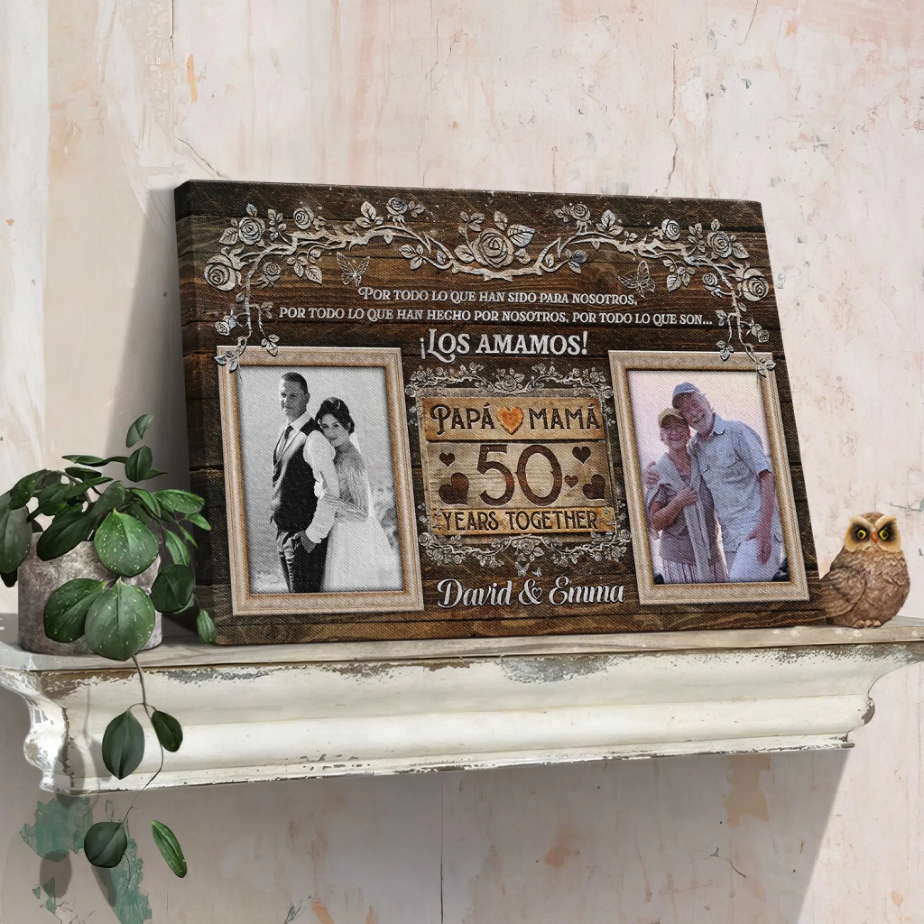 Beautiful 50th anniversary canvas decor featuring dual photo frames and rustic floral accents for parents.