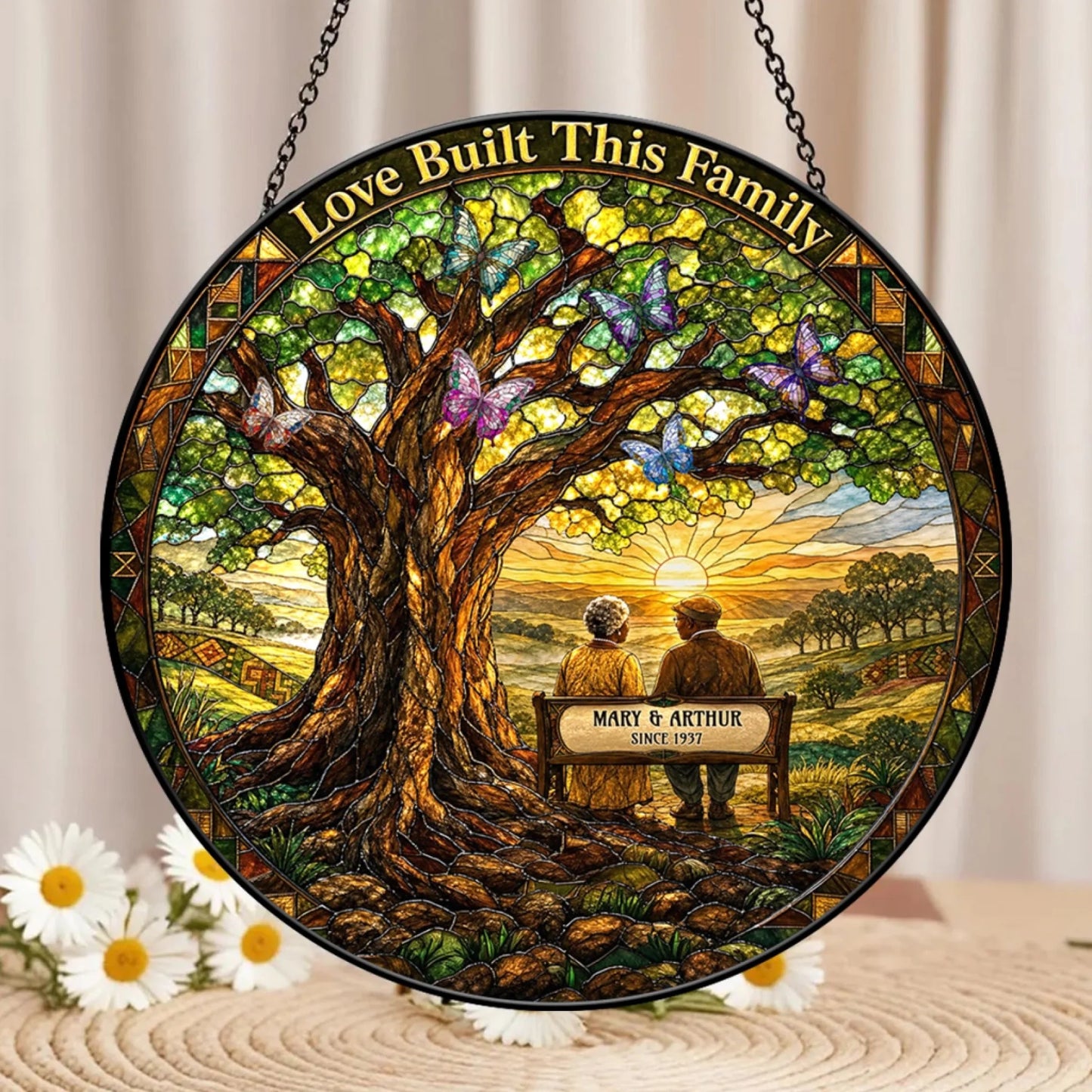 Beautifully crafted stained glass art piece personalized for Mary and Arthur as a romantic anniversary and home decor gift.