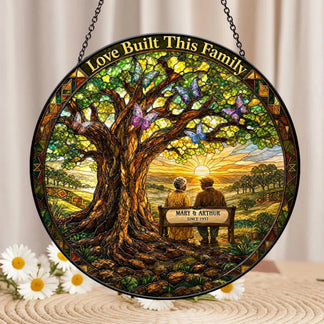 Beautifully crafted stained glass art piece personalized for Mary and Arthur as a romantic anniversary and home decor gift.