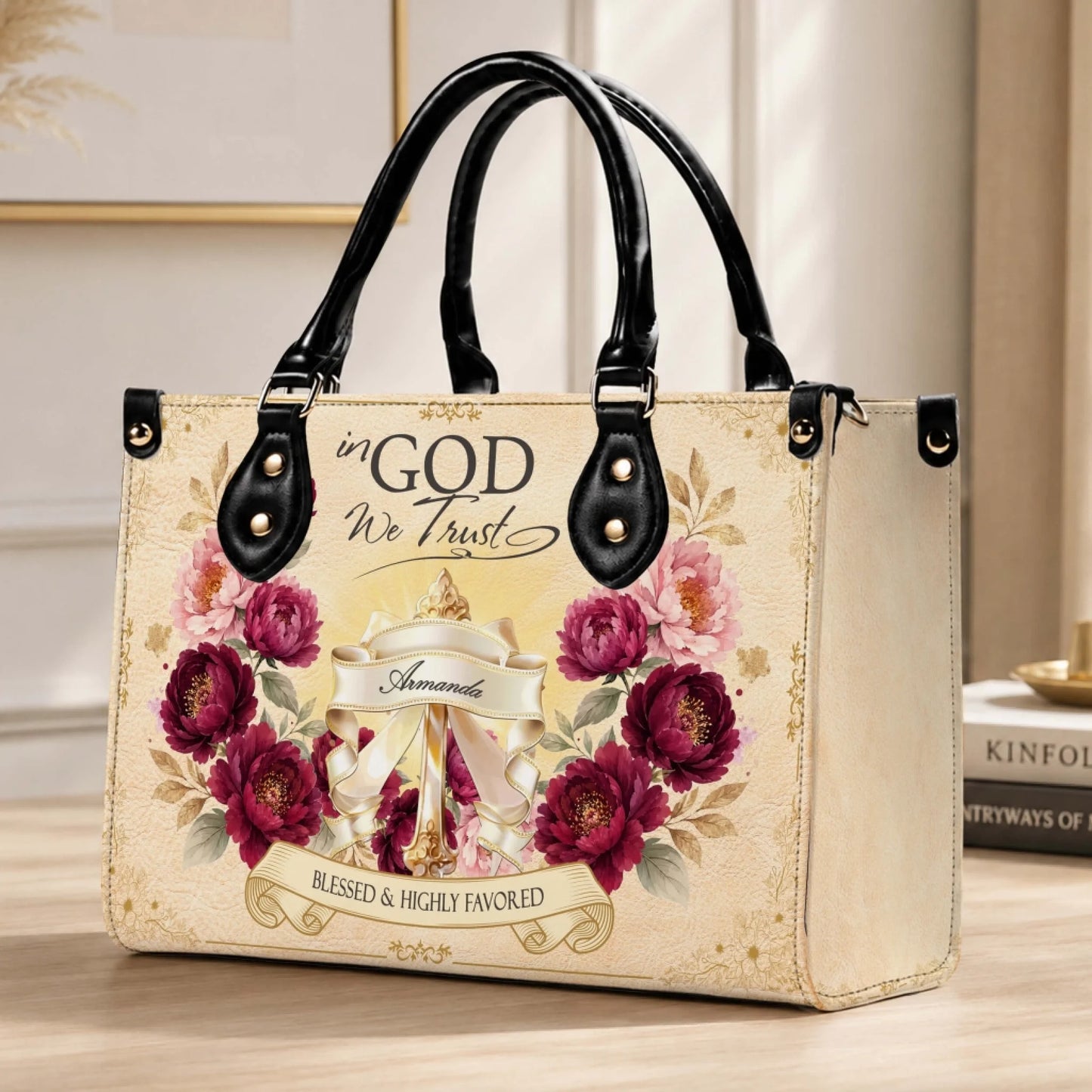 Beautifully designed custom handbag for Armanda featuring floral print and religious quote perfect for faith gifts.
