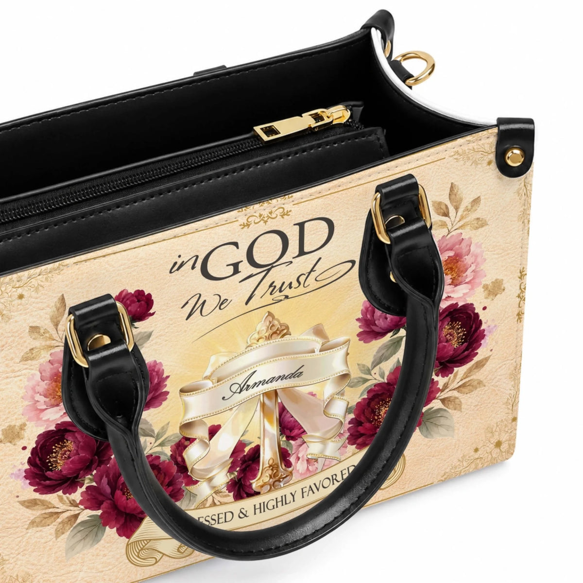 Custom Armanda name floral tote bag with religious In God We Trust quote and elegant peonies for Christian gifts.