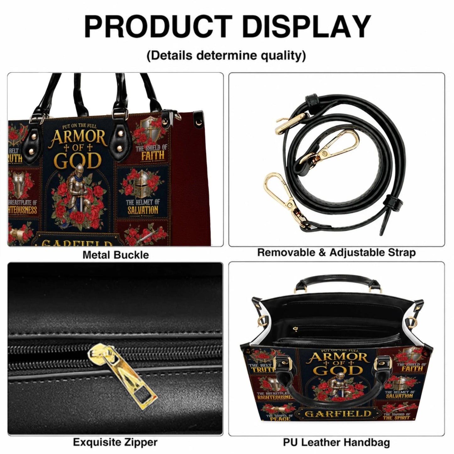 Personalized Armor of God leather handbag with religious knight artwork and custom name for a meaningful Christian gift.