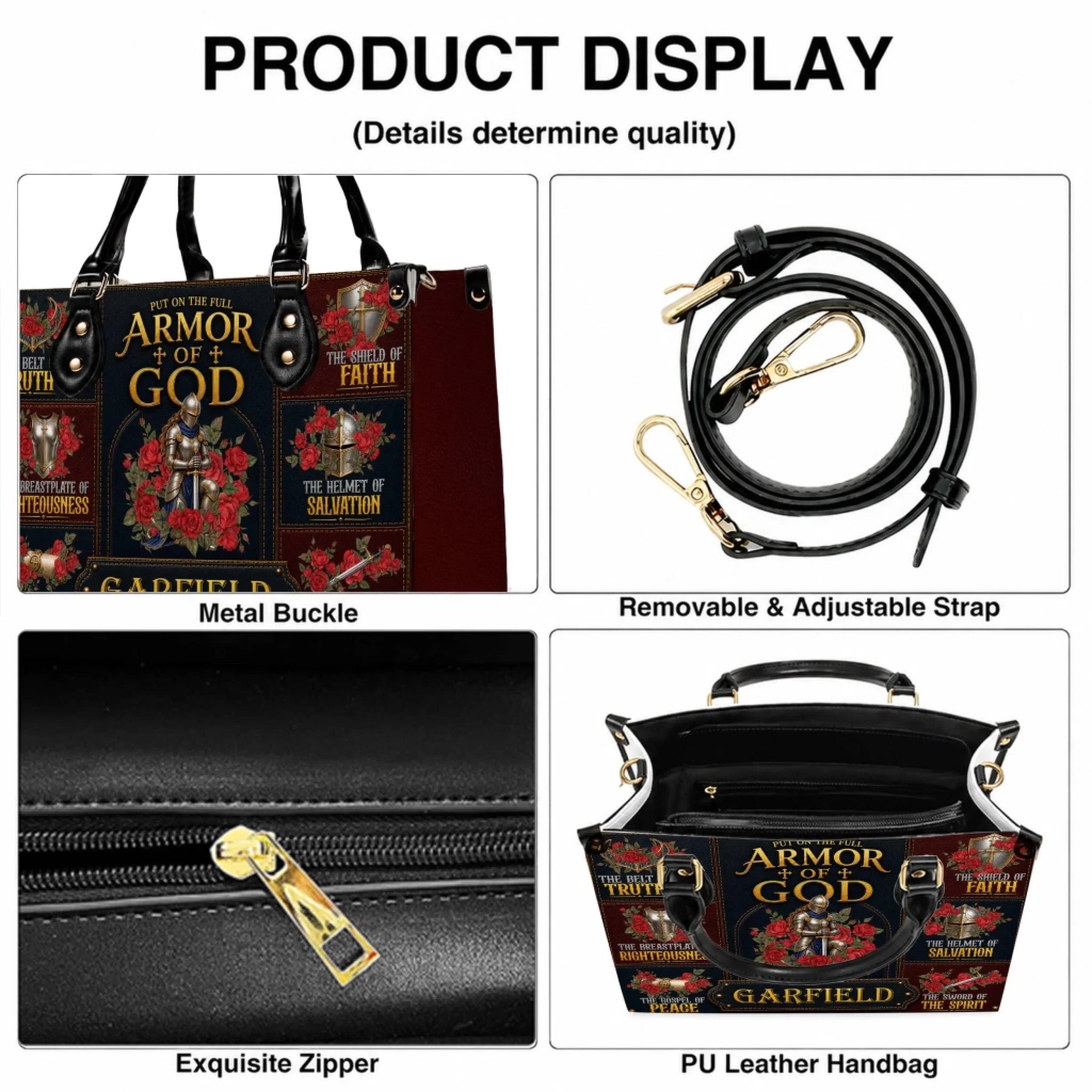 Personalized Armor of God leather handbag with religious knight artwork and custom name for a meaningful Christian gift.
