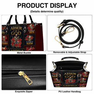 Personalized Armor of God leather handbag with religious knight artwork and custom name for a meaningful Christian gift.
